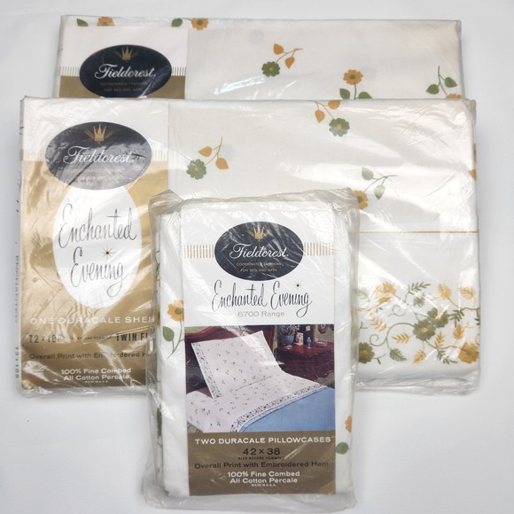 Vintage 1970s Fieldcrest Enchanted Evening Sheet Set Embroidered Cottagecore - Picture 1 of 5